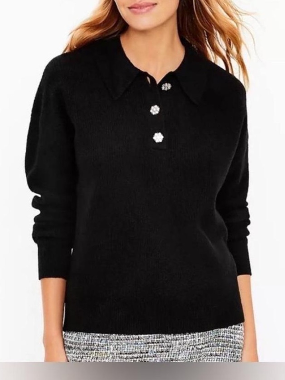 LOFT Rhinestone Flower Button Polo Sweater Size Medium